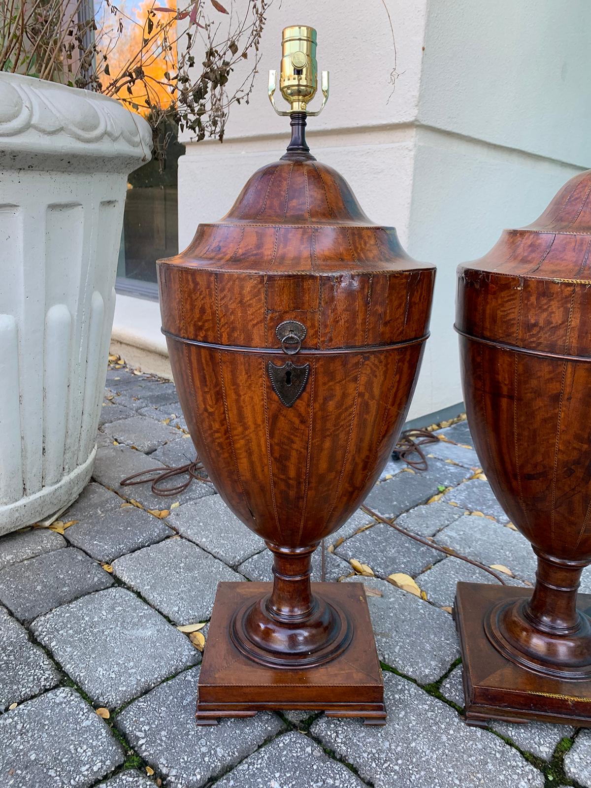 Wood Pair of Early 19th Century George III Satinwood Knife Urns as Lamps For Sale