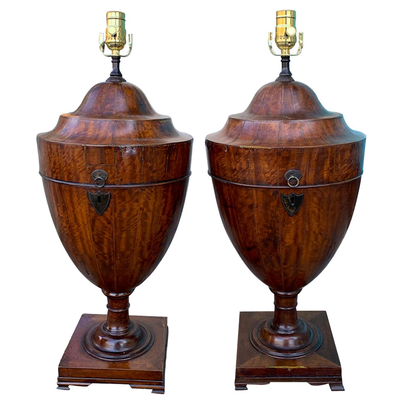 Pair of Early 19th Century George III Satinwood Knife Urns as Lamps For Sale