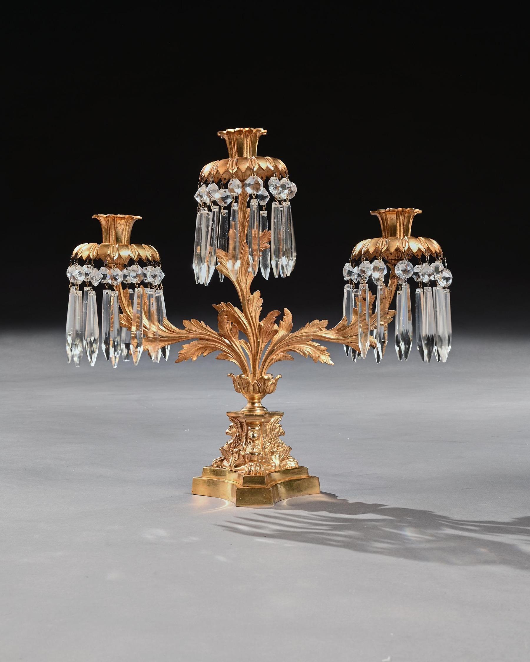Pair of Early 19th Century Gilt Bronze and Lustres Three Branch Candelabra For Sale 1