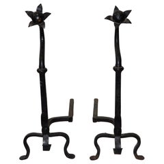 Pair of Early 19th Century Hand Forged Sunflower Andirons