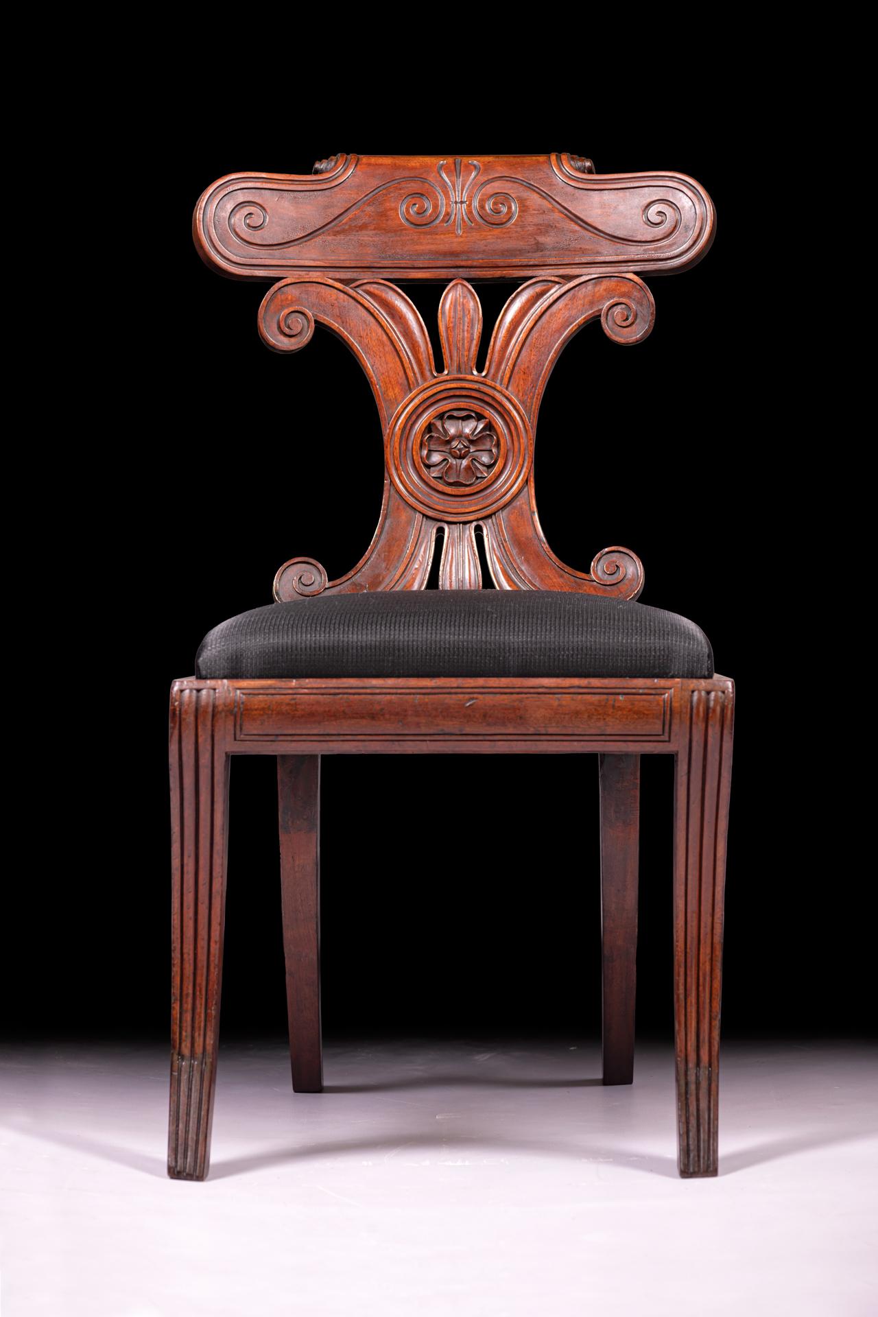 Wood Pair Of Early 19th Century Irish Neo-Grecian Style Regency Side / Hall Chairs For Sale