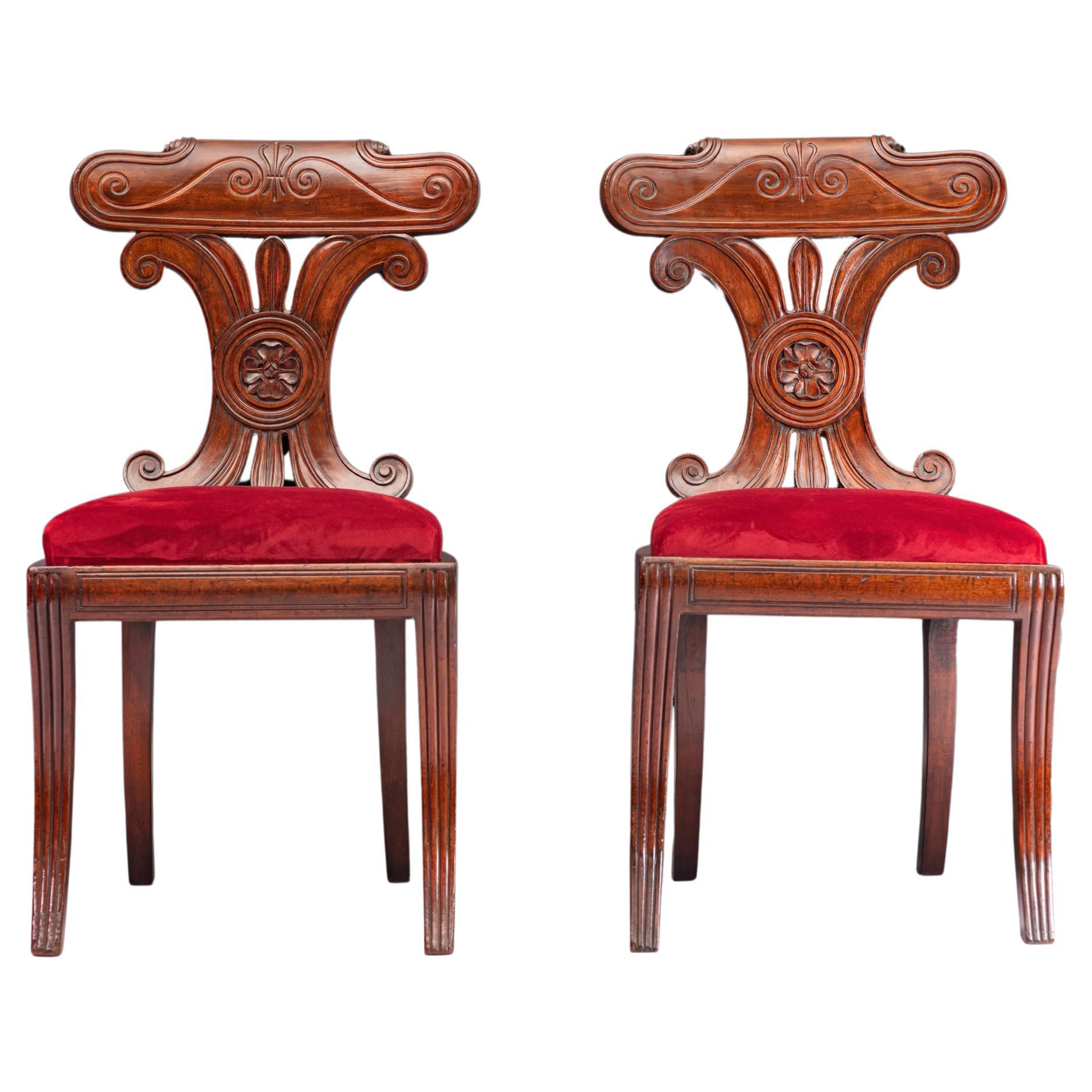 Pair Of Early 19th Century Irish Neo-Grecian Style Regency Side / Hall Chairs For Sale