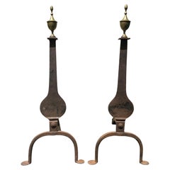 Pair of Early 19th Century Iron & Brass Knife Blade Style Andirons