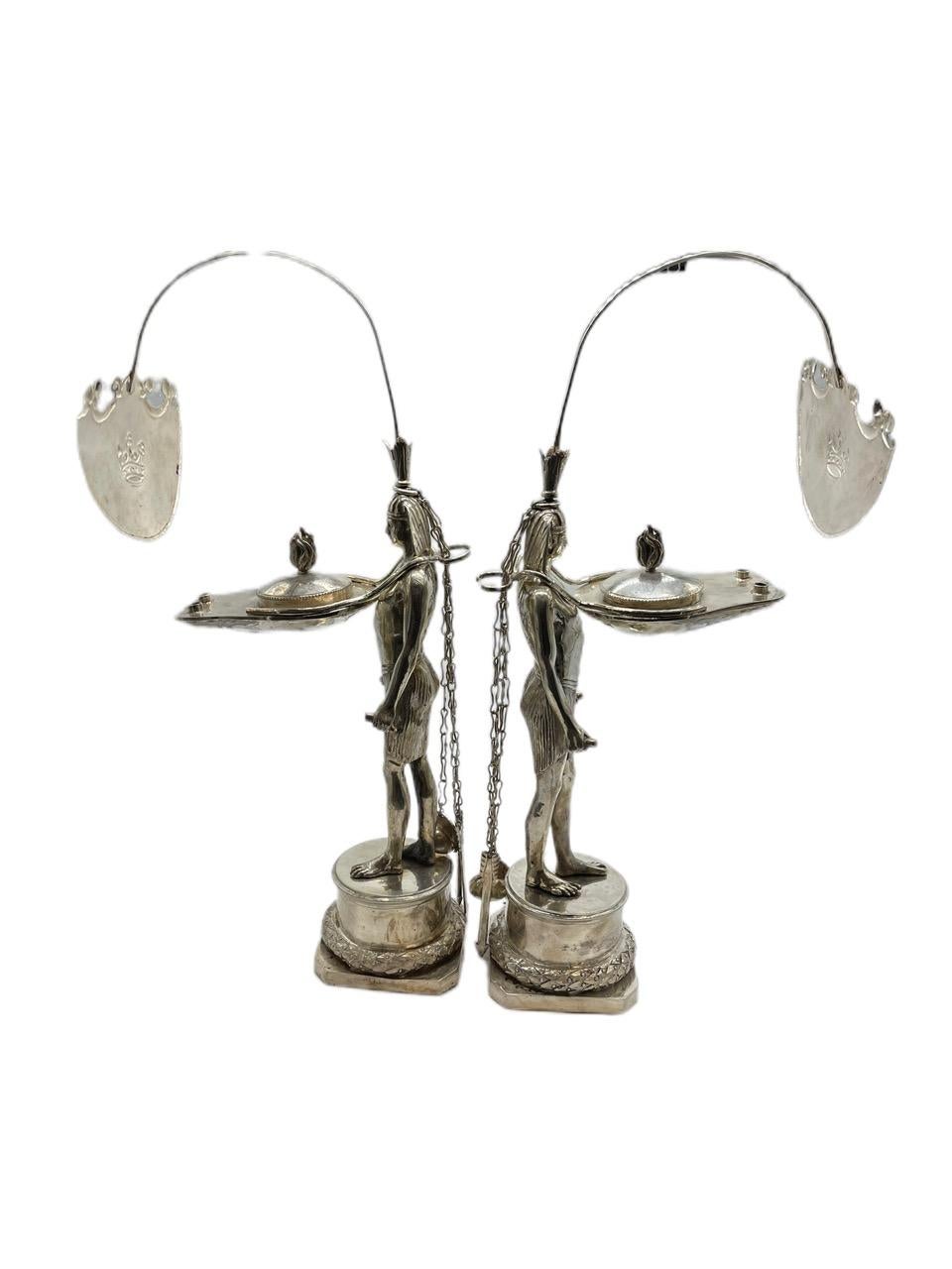 A pair of early 19th century (1828 – 1859) Italian Antique silver oil lamps (Lucerne) by Vincenzo Belli II. They are in the “Retour d’Egypte Style”. This production of silver oil lamps was restricted to Italy, mostly being produced in Rome and the