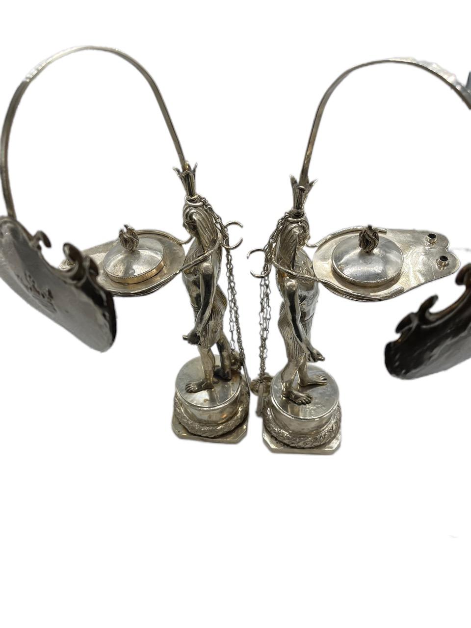 Neoclassical Pair of Early 19th Century Italian Antique Silver Oil Lamps by Vincenzo Belli II For Sale