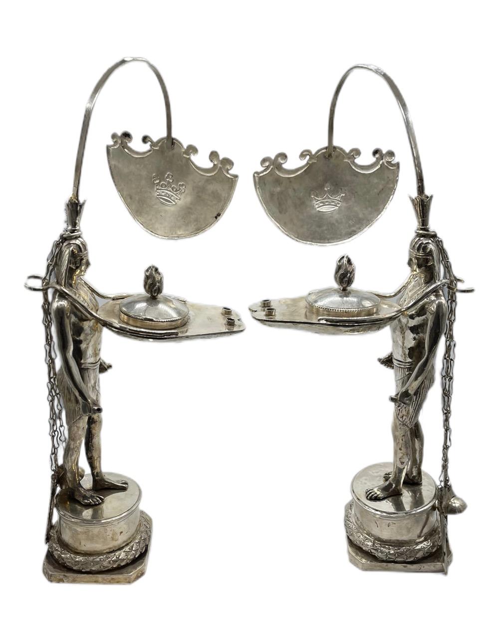 Pair of Early 19th Century Italian Antique Silver Oil Lamps by Vincenzo Belli II In Fair Condition For Sale In North Miami, FL