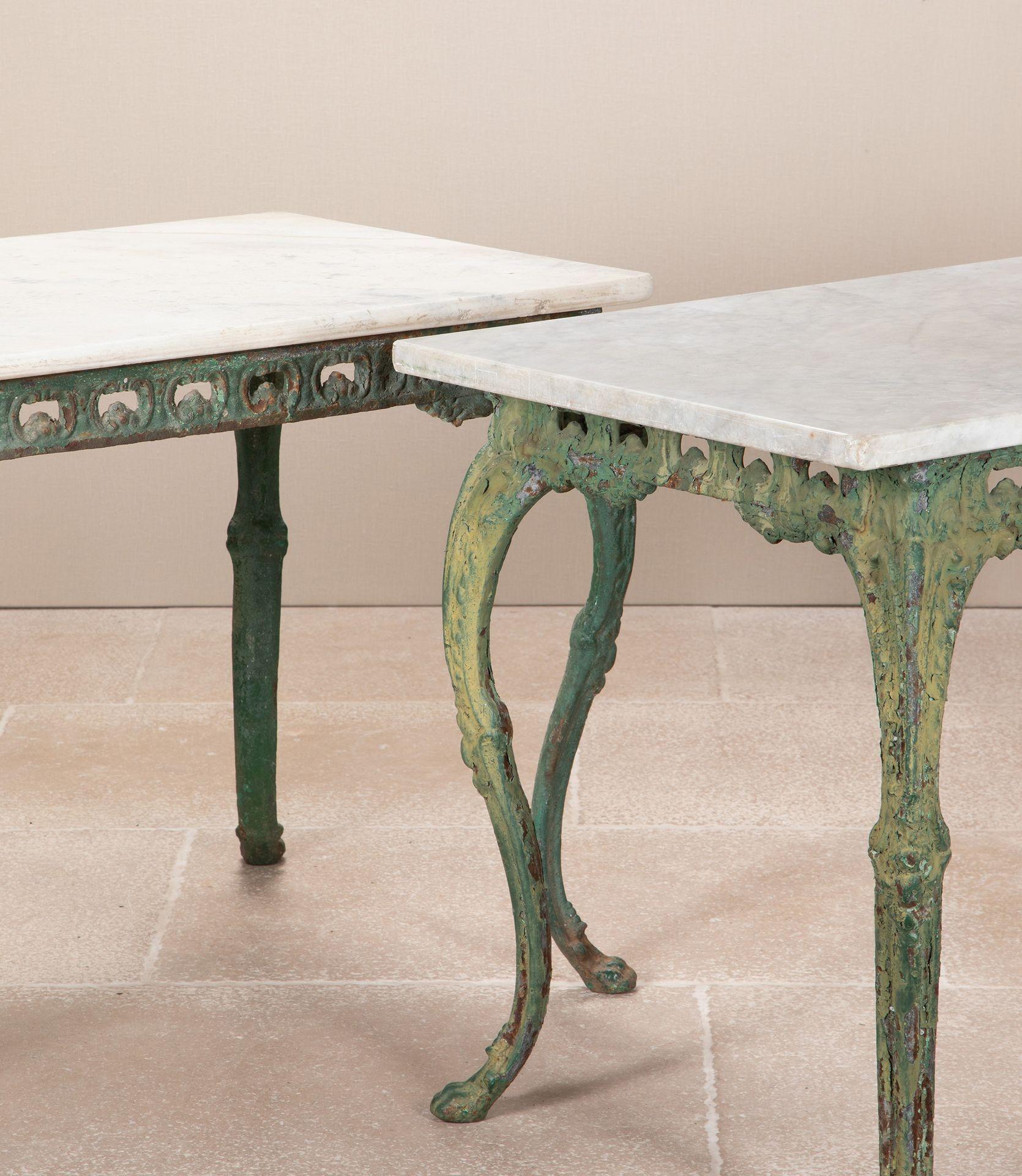 Country Pair of Early 19th Century Italian Cast Iron Tables with Carrara Marble Tops For Sale
