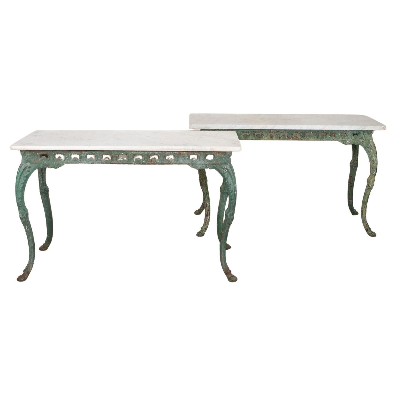 Pair of Early 19th Century Italian Cast Iron Tables with Carrara Marble Tops For Sale