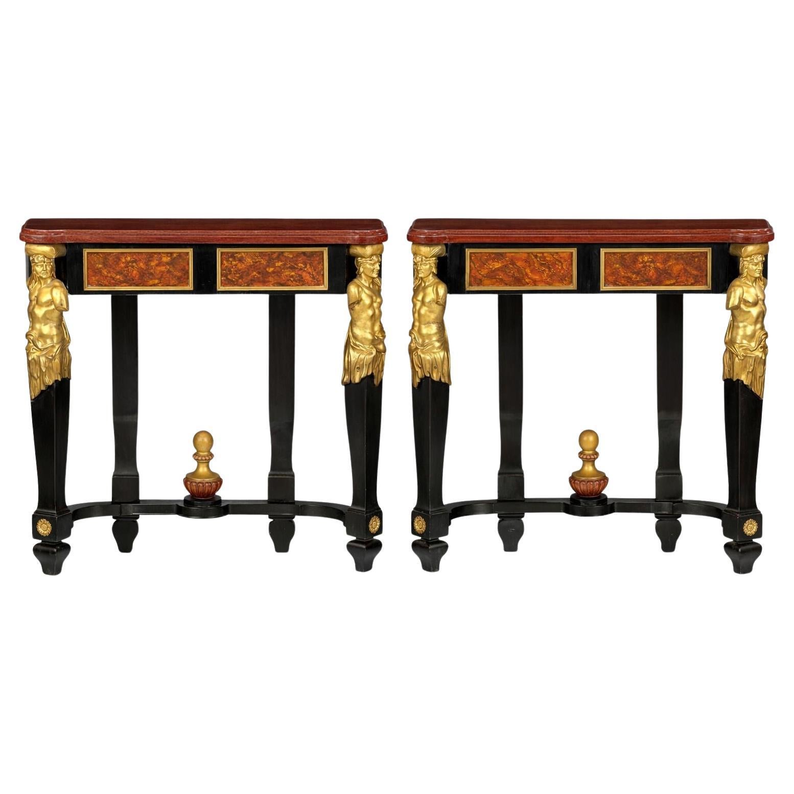 Pair of Early 19th Century Italian Gilt Bronze Mounted Ebonized Console Tables