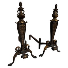 Pair of Early 19th Century Italian Gilt Wrought Iron Acanthus Andirons