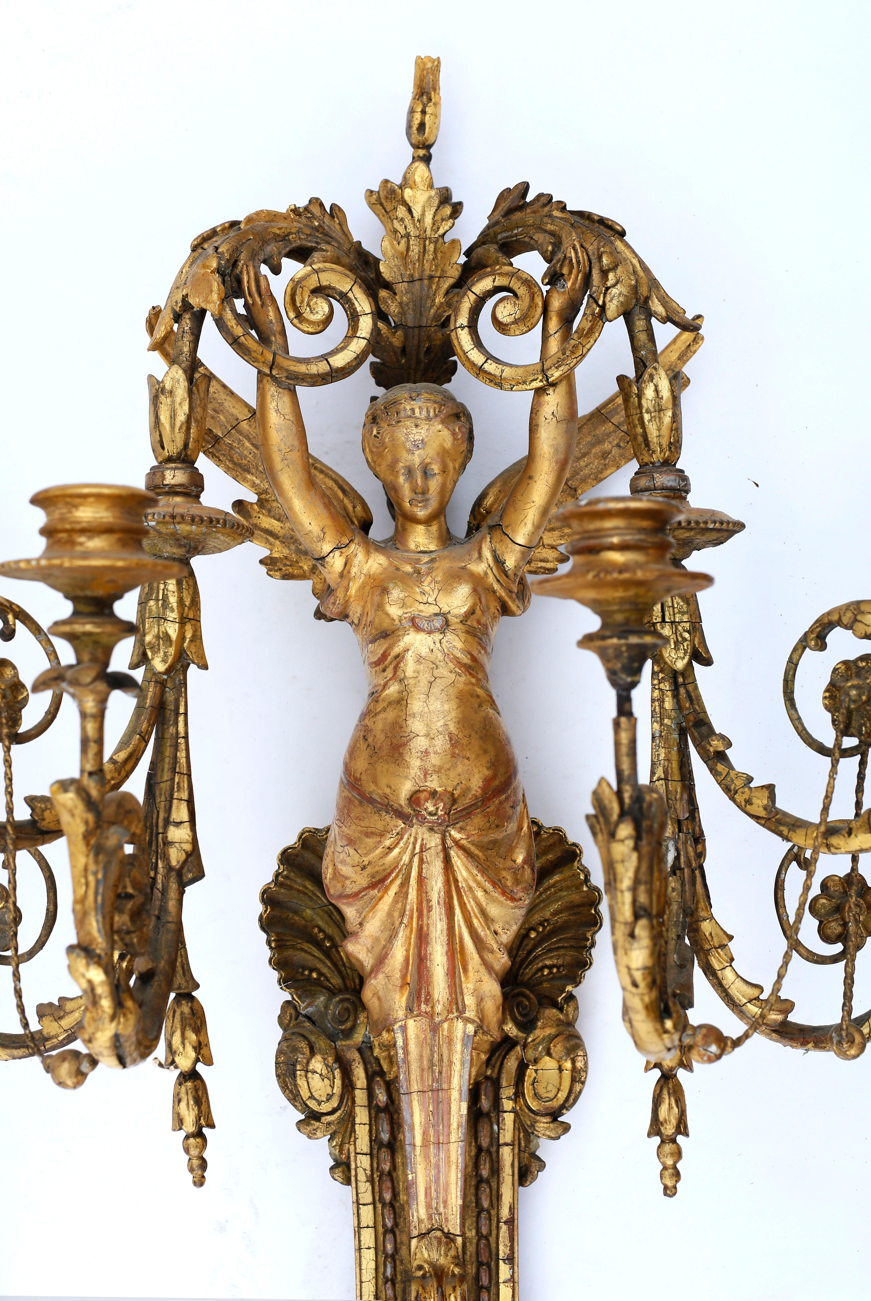 Pair of Early 19th Century Italian Neoclassical Gilt Figural Six-Light Sconces In Good Condition For Sale In Brooklyn, NY