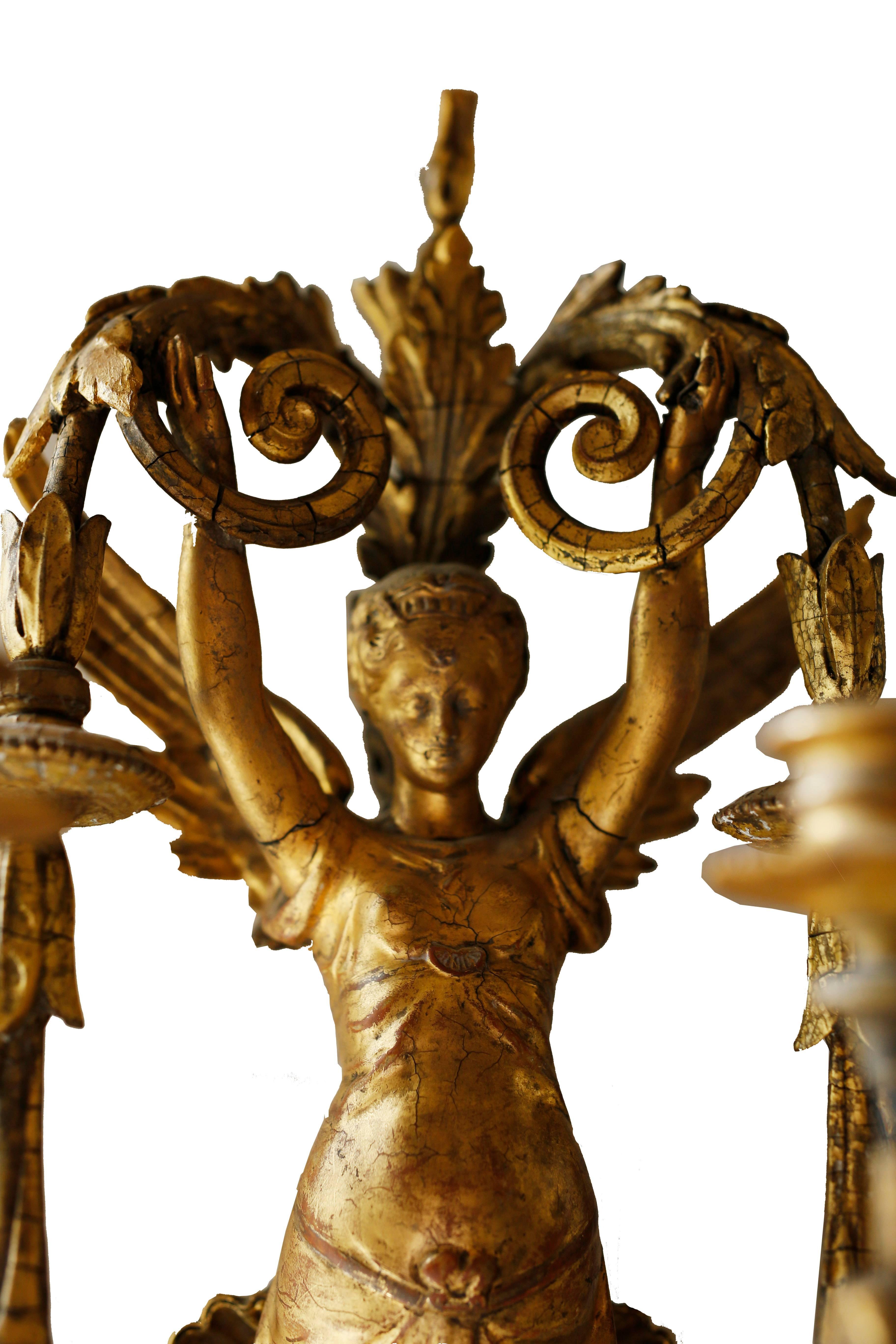 Giltwood Pair of Early 19th Century Italian Neoclassical Gilt Figural 6-Light Sconces For Sale