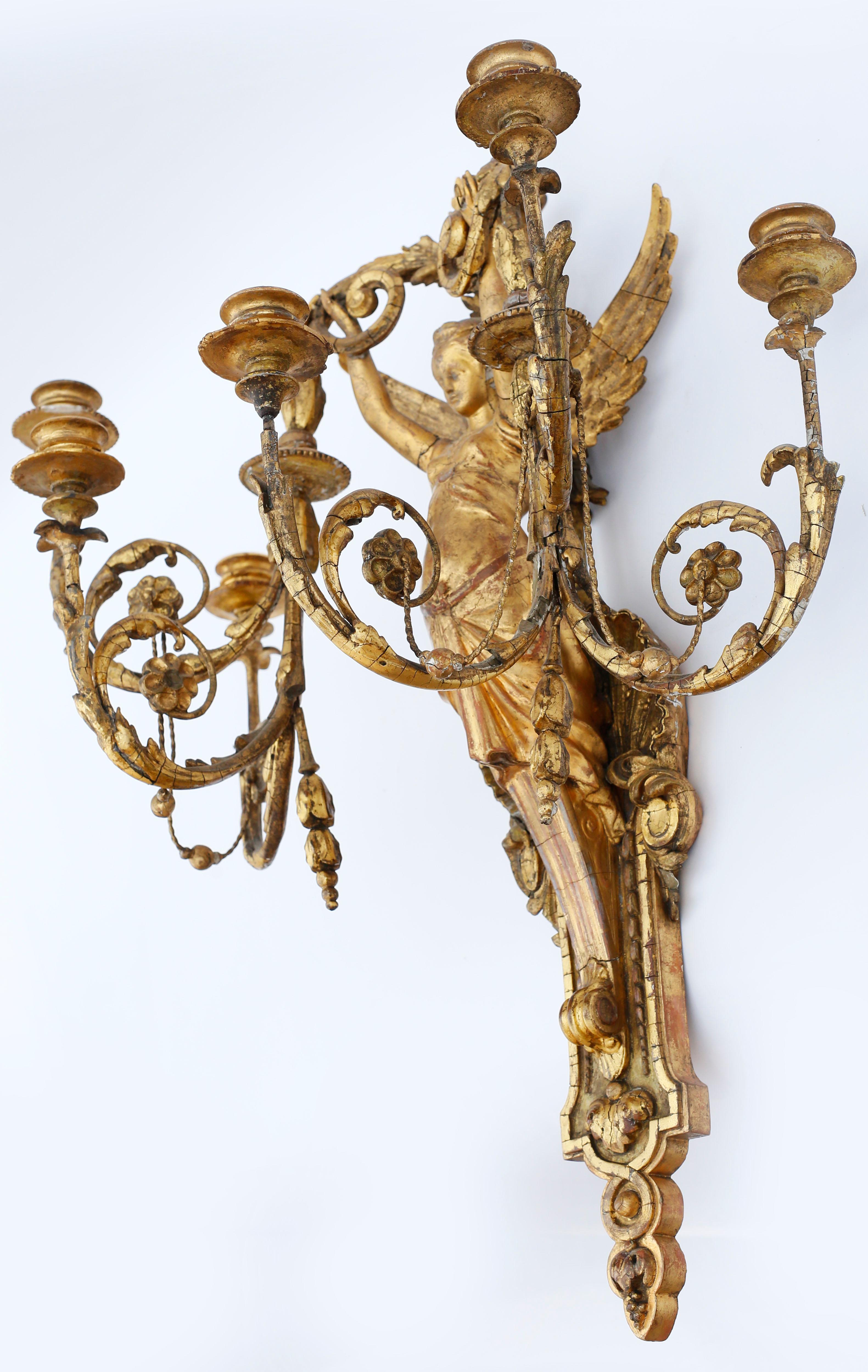 Giltwood Pair of Early 19th Century Italian Neoclassical Gilt Figural Six-Light Sconces For Sale