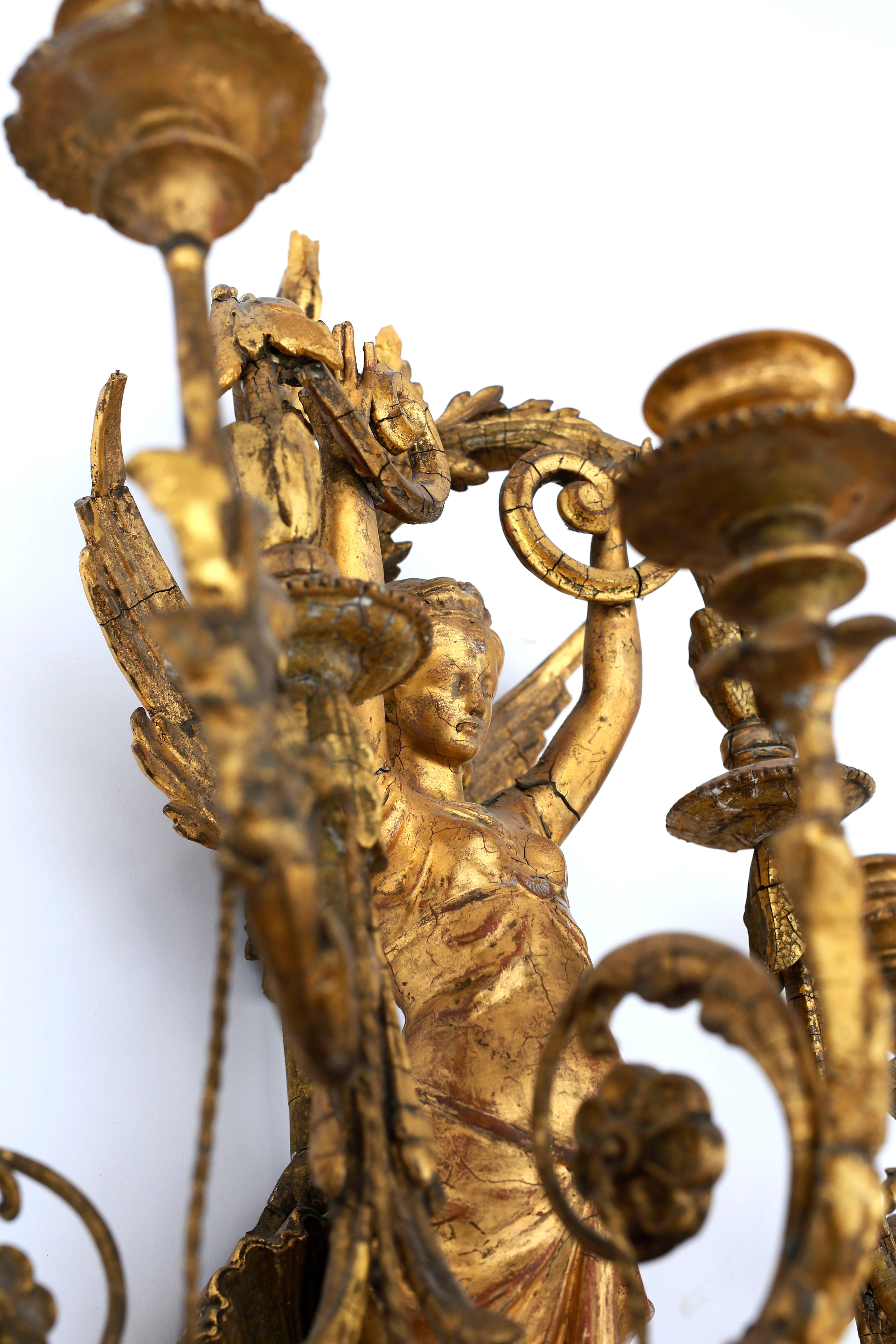 Pair of Early 19th Century Italian Neoclassical Gilt Figural Six-Light Sconces For Sale 3