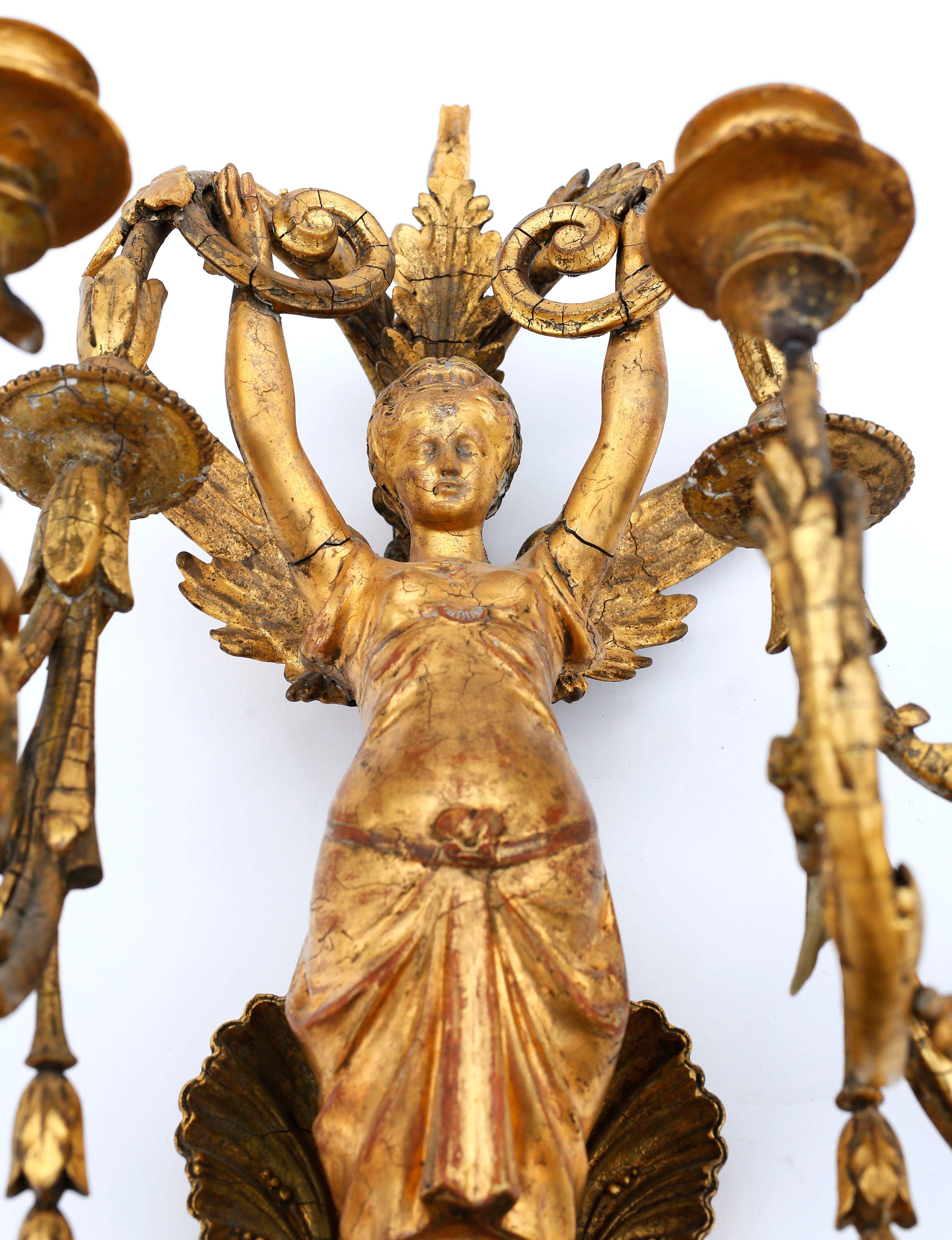 Pair of Early 19th Century Italian Neoclassical Gilt Figural Six-Light Sconces For Sale 4