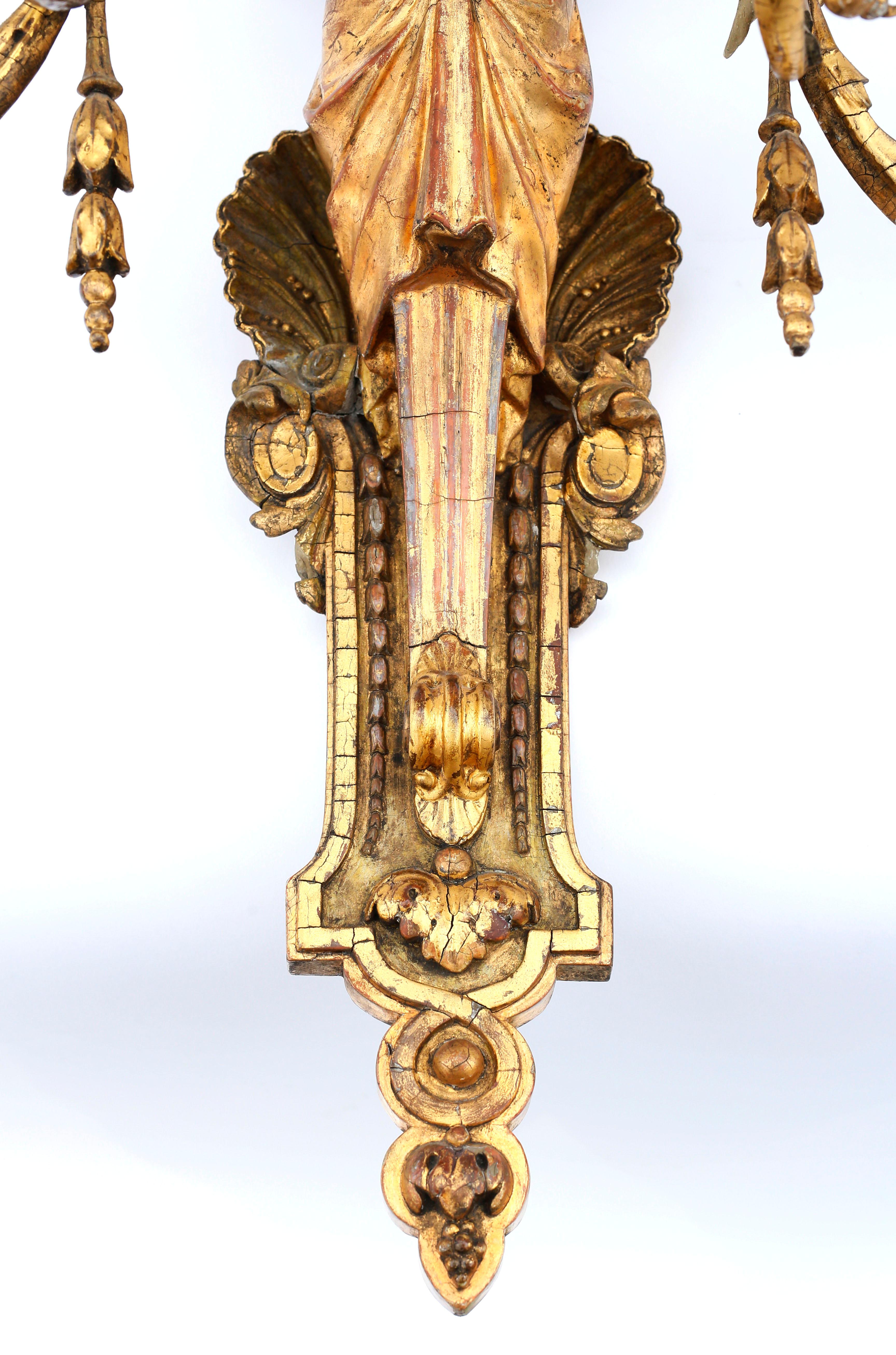 Pair of Early 19th Century Italian Neoclassical Gilt Figural Six-Light Sconces For Sale 5