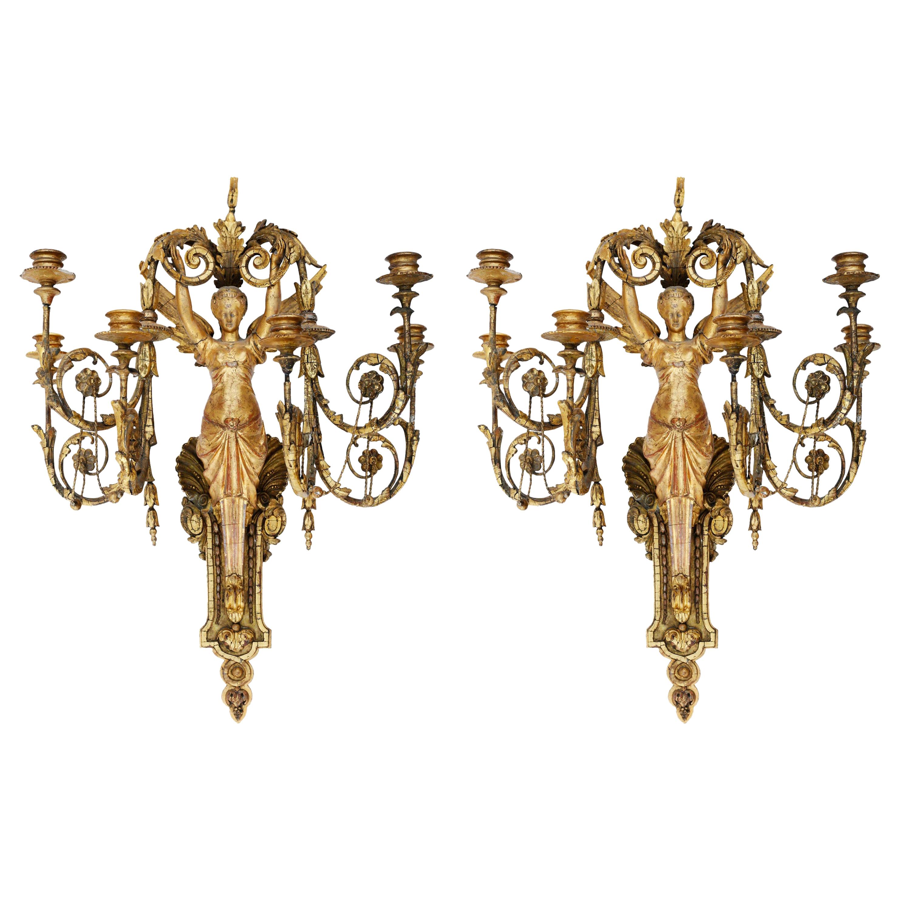 Pair of Early 19th Century Italian Neoclassical Gilt Figural Six-Light Sconces For Sale