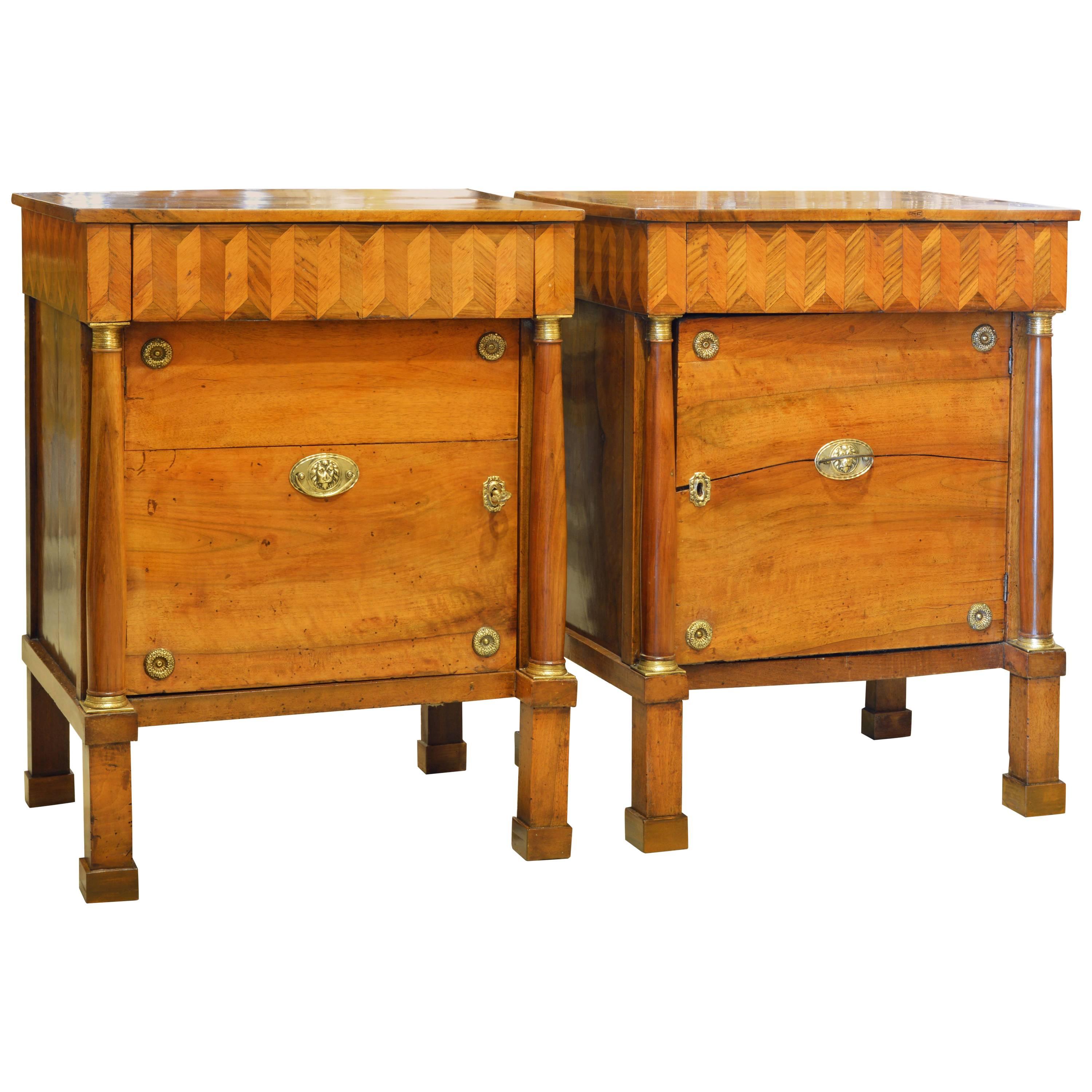 Pair of Early 19th Century Italian Neoclassical Parquetry Fruitwood Commodes