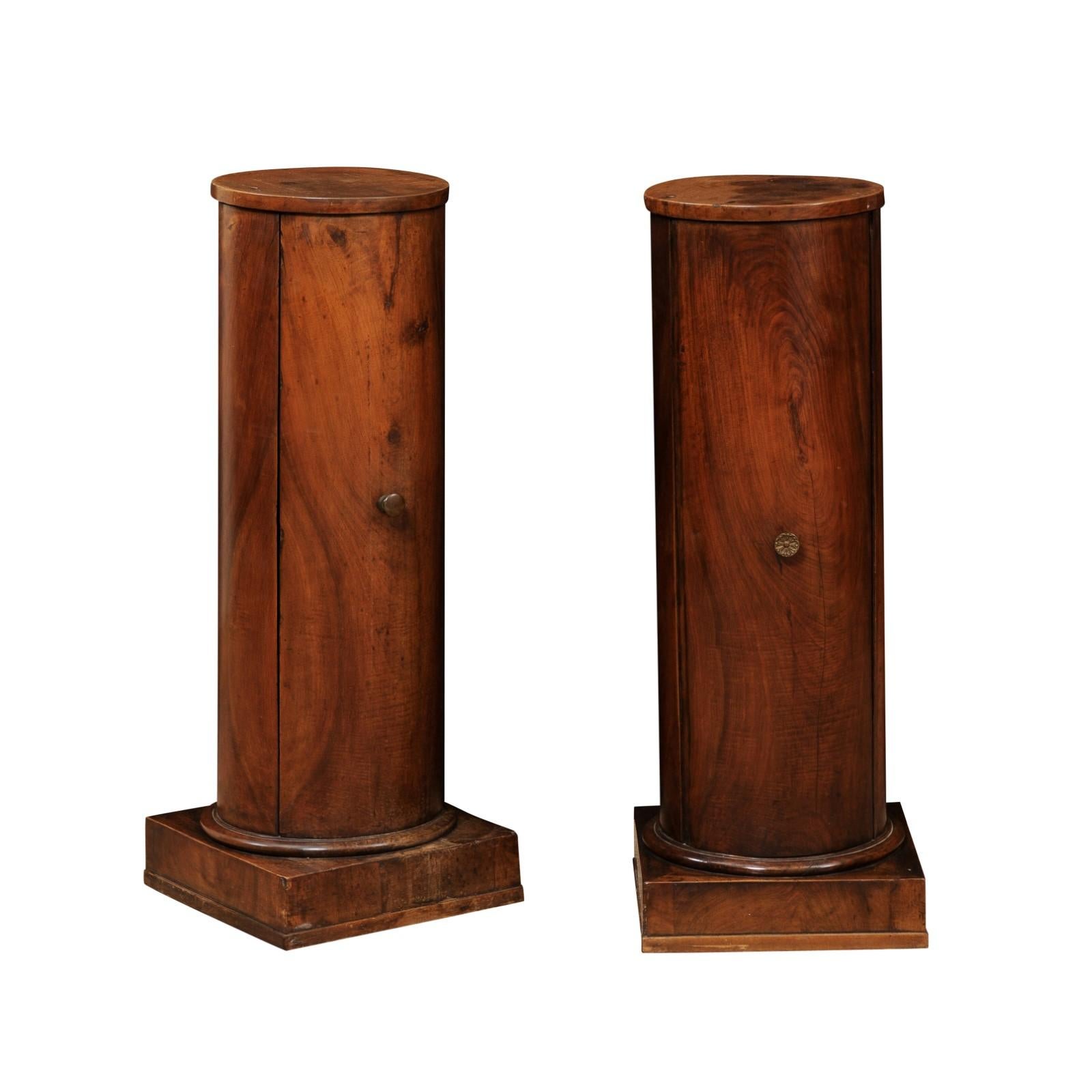 Pair of Early 19th Century Italian Neoclassical Walnut Pedestal Cabinets In Good Condition For Sale In Atlanta, GA