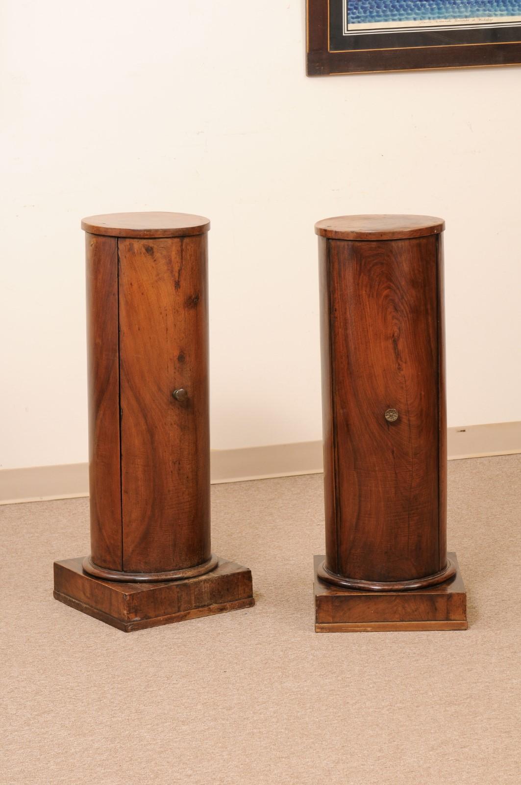 Pair of Early 19th Century Italian Neoclassical Walnut Pedestal Cabinets For Sale 1