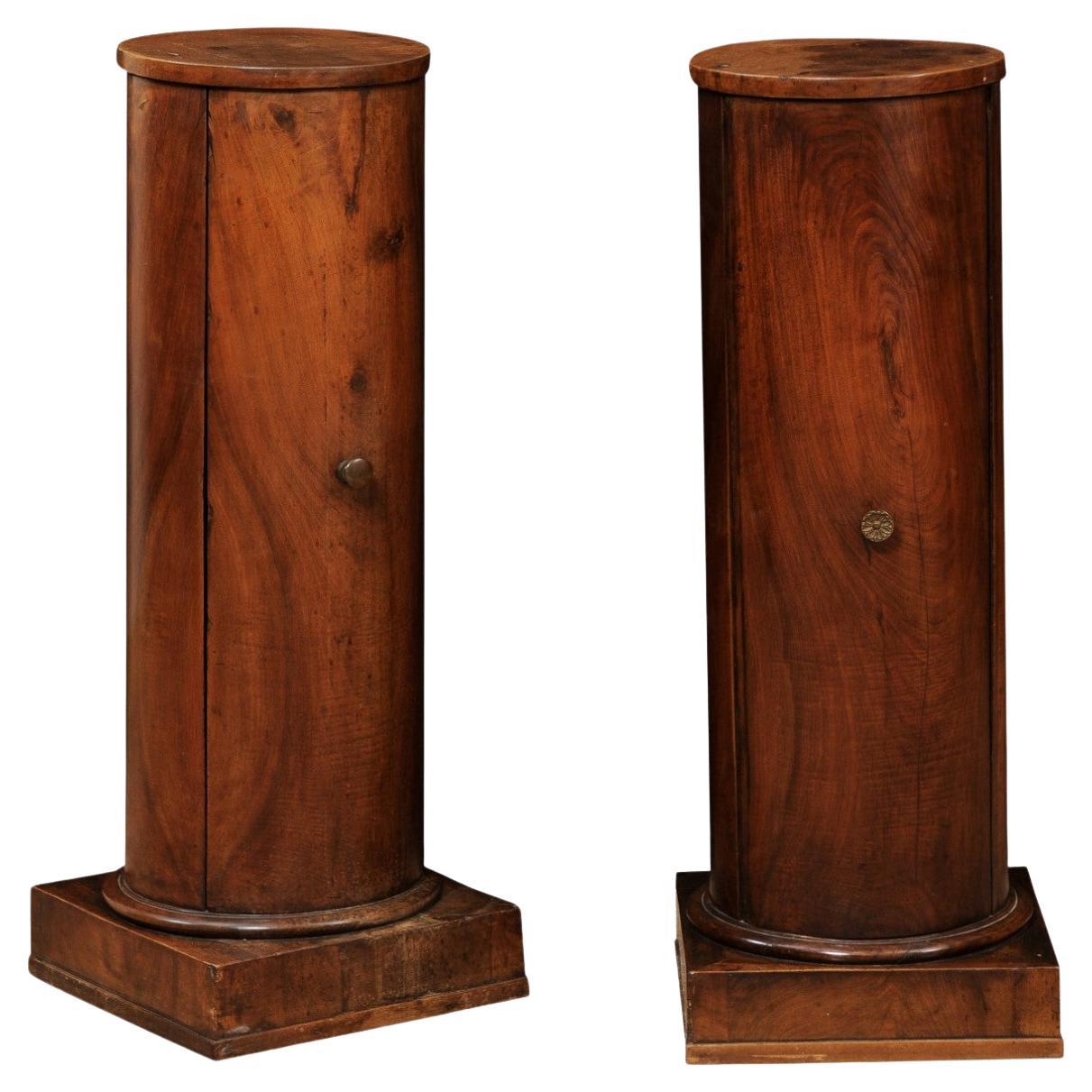 Pair of Early 19th Century Italian Neoclassical Walnut Pedestal Cabinets For Sale