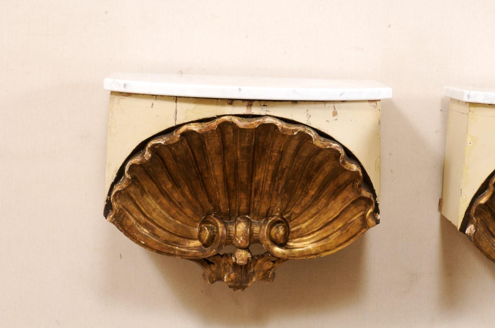 Carved Pair of Early 19th Century Italian Shell Wall-Shelves with Marble Tops For Sale