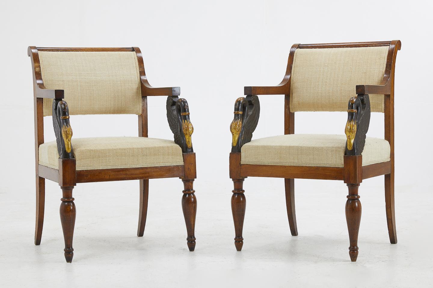 Hand-Carved Pair of Early 19th Century Italian Walnut and Ebonised Chairs with Gilding