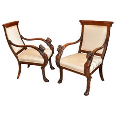 Pair of Early 19th Century Italian Walnut Neoclassical Armchairs of Large Scale