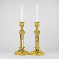 Pair of Early 19th Century Louis XVI Gilt Bronze Candlesticks after Martincourt