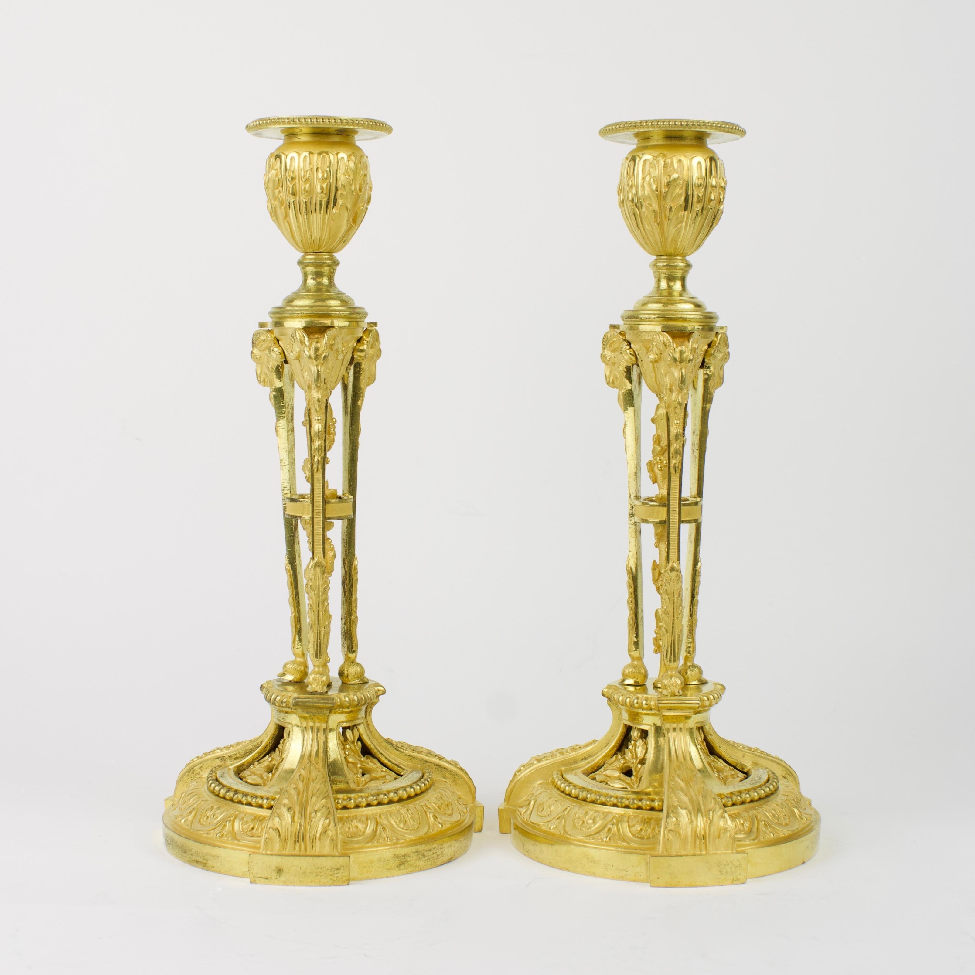 French Pair of Early 19th Century Louis XVI Gilt Bronze Candlesticks after Martincourt For Sale