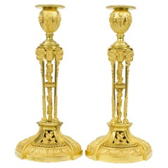 Pair of Early 19th Century Louis XVI Gilt Bronze Candlesticks after Martincourt