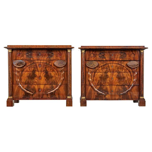 Set of 2 Identical Biedermeier Cabinets in Walnut Veneer, Germany, 19th ...
