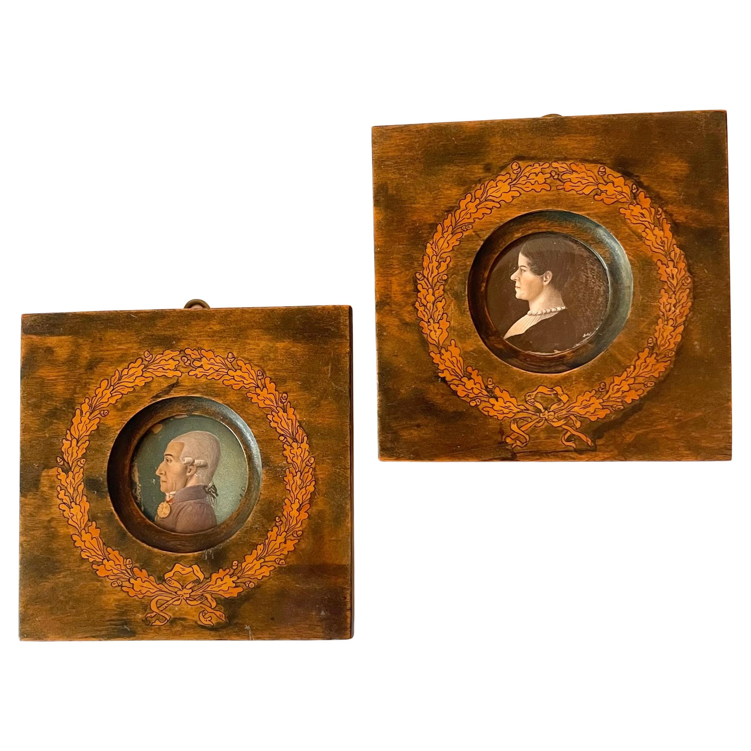 Pair of Early 19th Century Miniature Portraits in Flamed Birch Frames For Sale