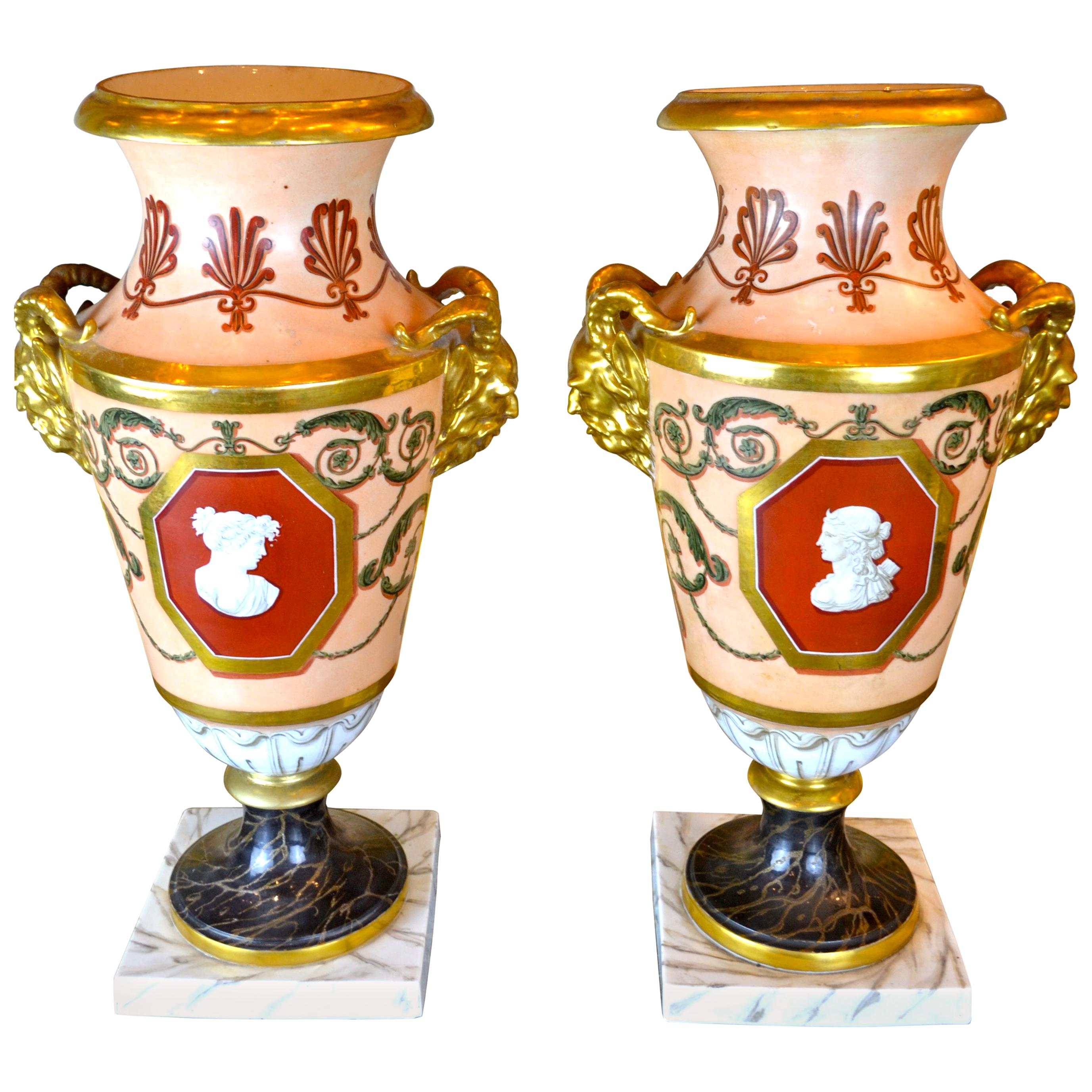 Pair of Early 19th Century Neoclassical ‘Old Paris’ Porcelain Vases