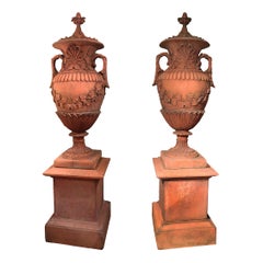 Antique Pair of Early 19th Century Neoclassical Terracotta Urns and Lids on Plinth Bases