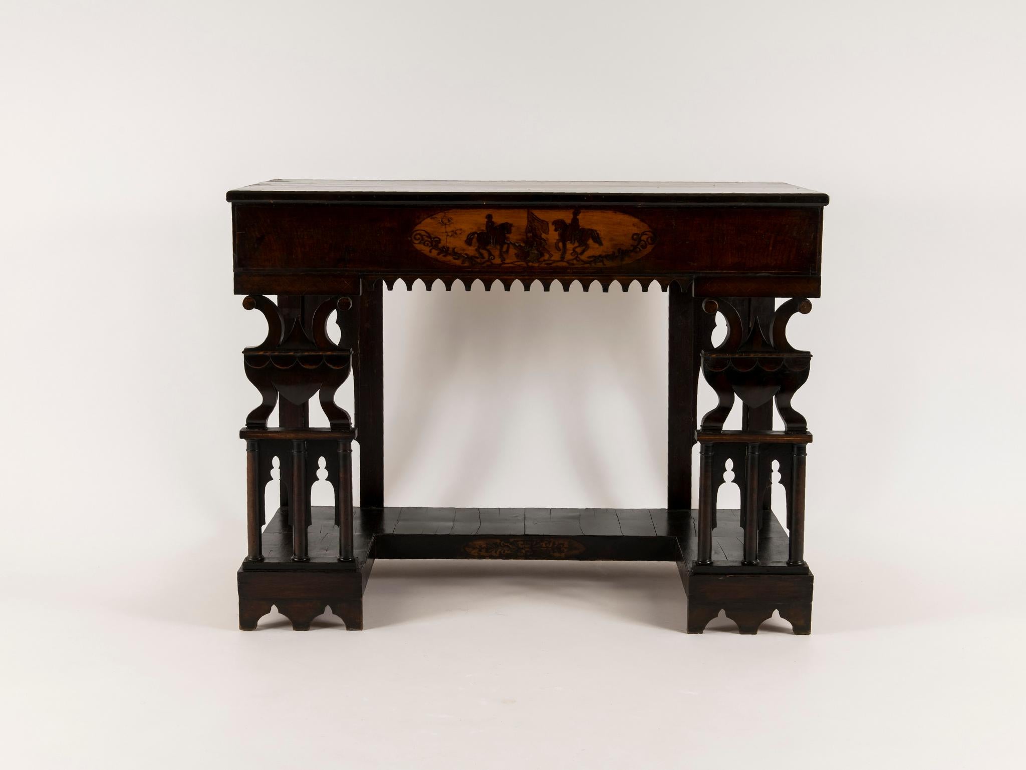 A pair of early 19th century Italian consoles from Naples. Styled with neo-Gothic influences and inlay detailing.