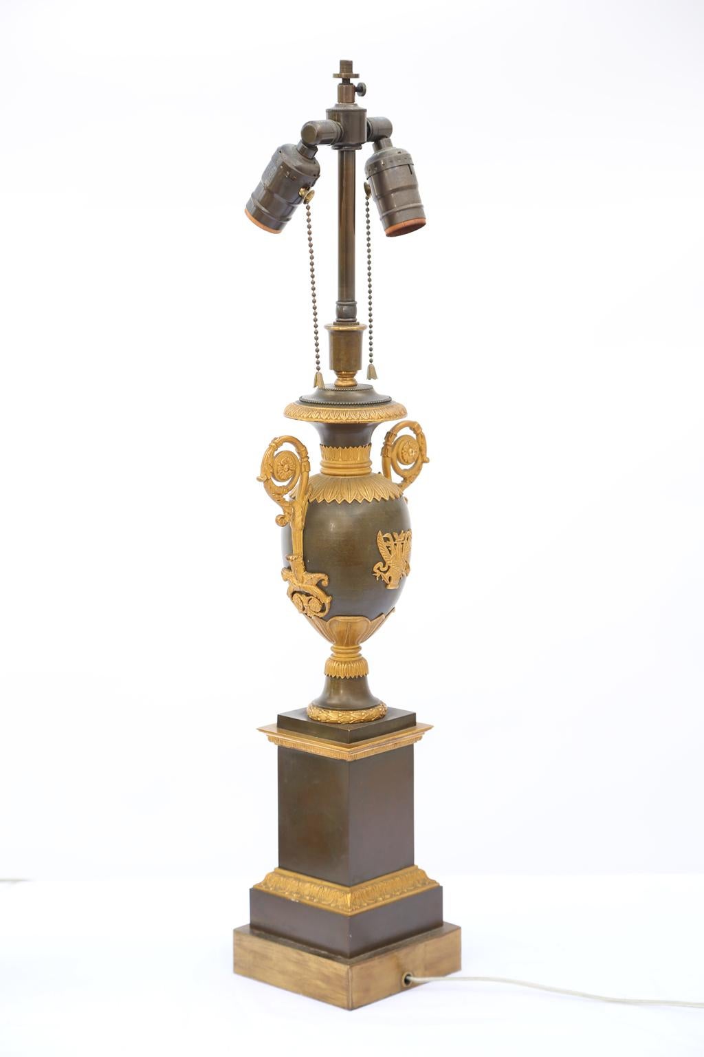 Pair of Early 19th Century Patinated Bronze and Ormolu Urn Lamps 4