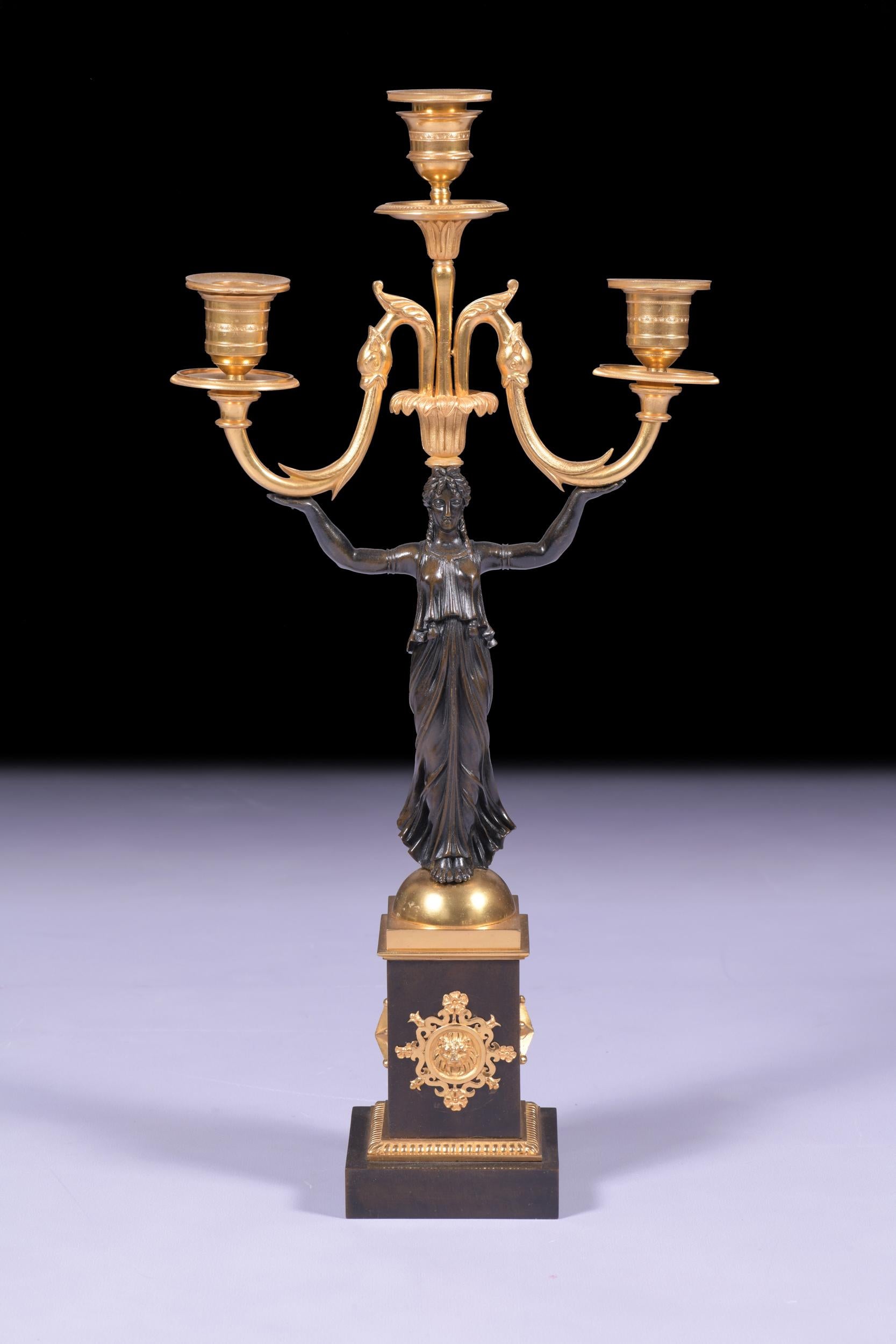 French Pair of Early 19th Century Regency Bronze & Ormolu Candelabra For Sale