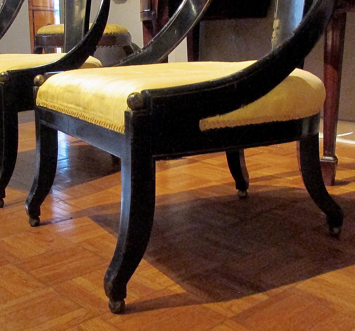 Upholstery Pair of Early 19th Century Regency Ebonized and Gilt Spoon Back Slipper Chairs