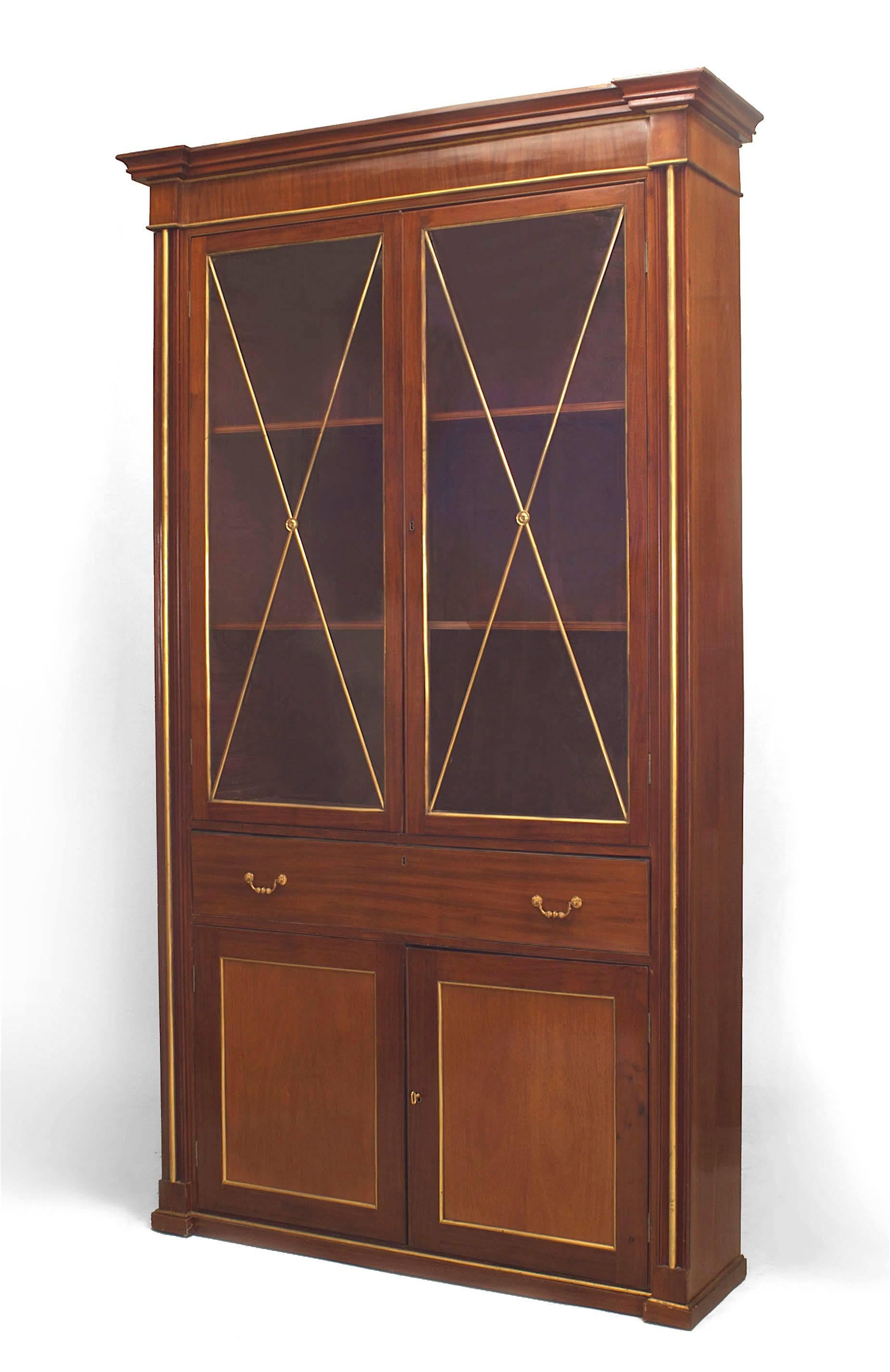 Pair of Russian (Circa 1820) plum pudding mahogany bookcase cabinets with brass trim and 
