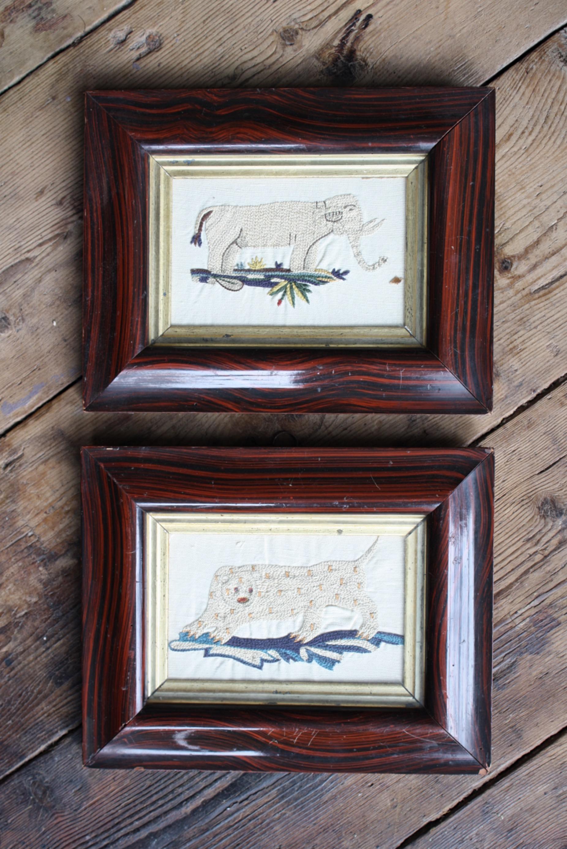 Pair of Early 19th Century Silk Embroidery Folk Art Animals Elephant & Leopard  For Sale 8