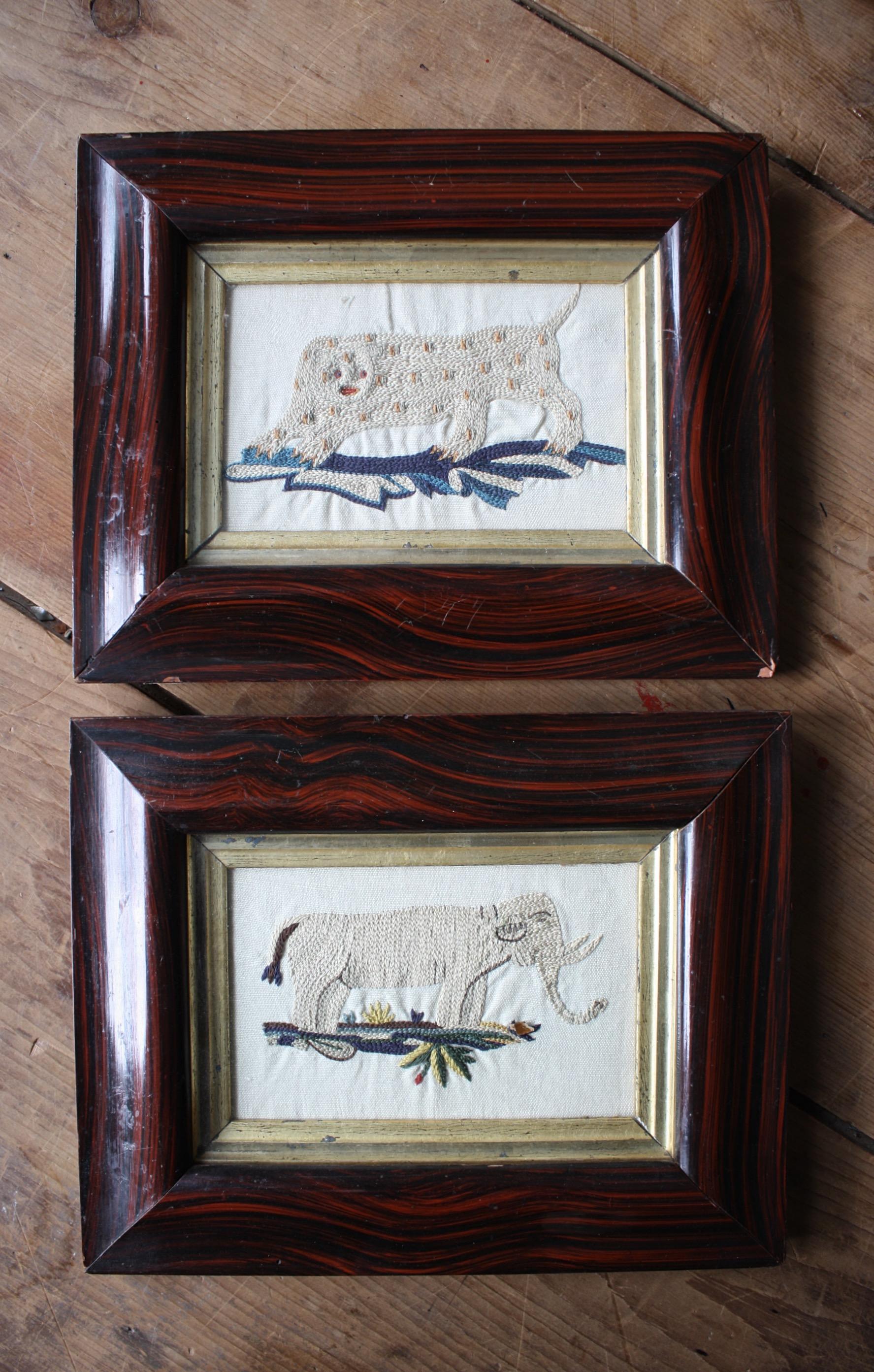 Pair of Early 19th Century Silk Embroidery Folk Art Animals Elephant & Leopard  For Sale 11