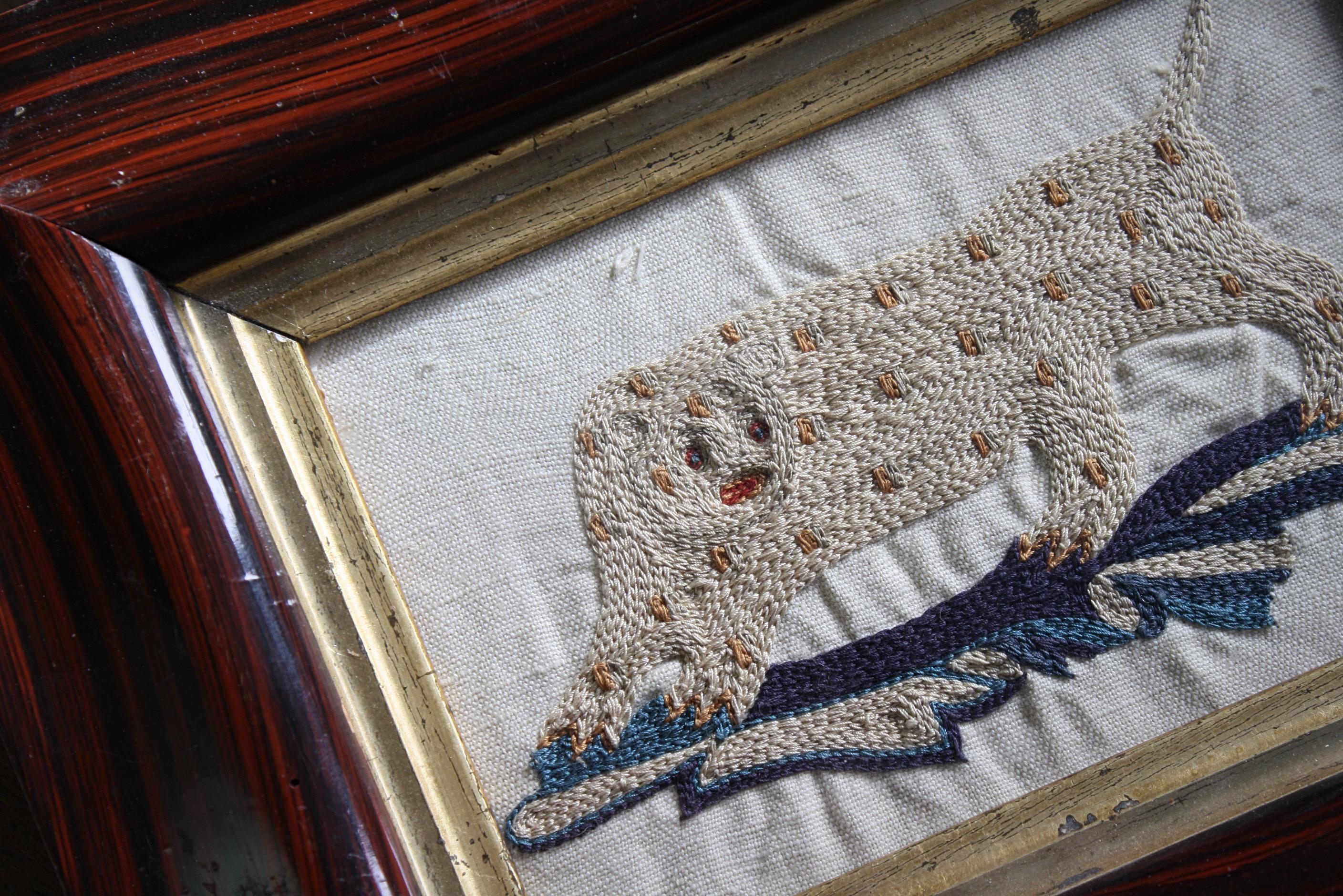 British Pair of Early 19th Century Silk Embroidery Folk Art Animals Elephant & Leopard  For Sale