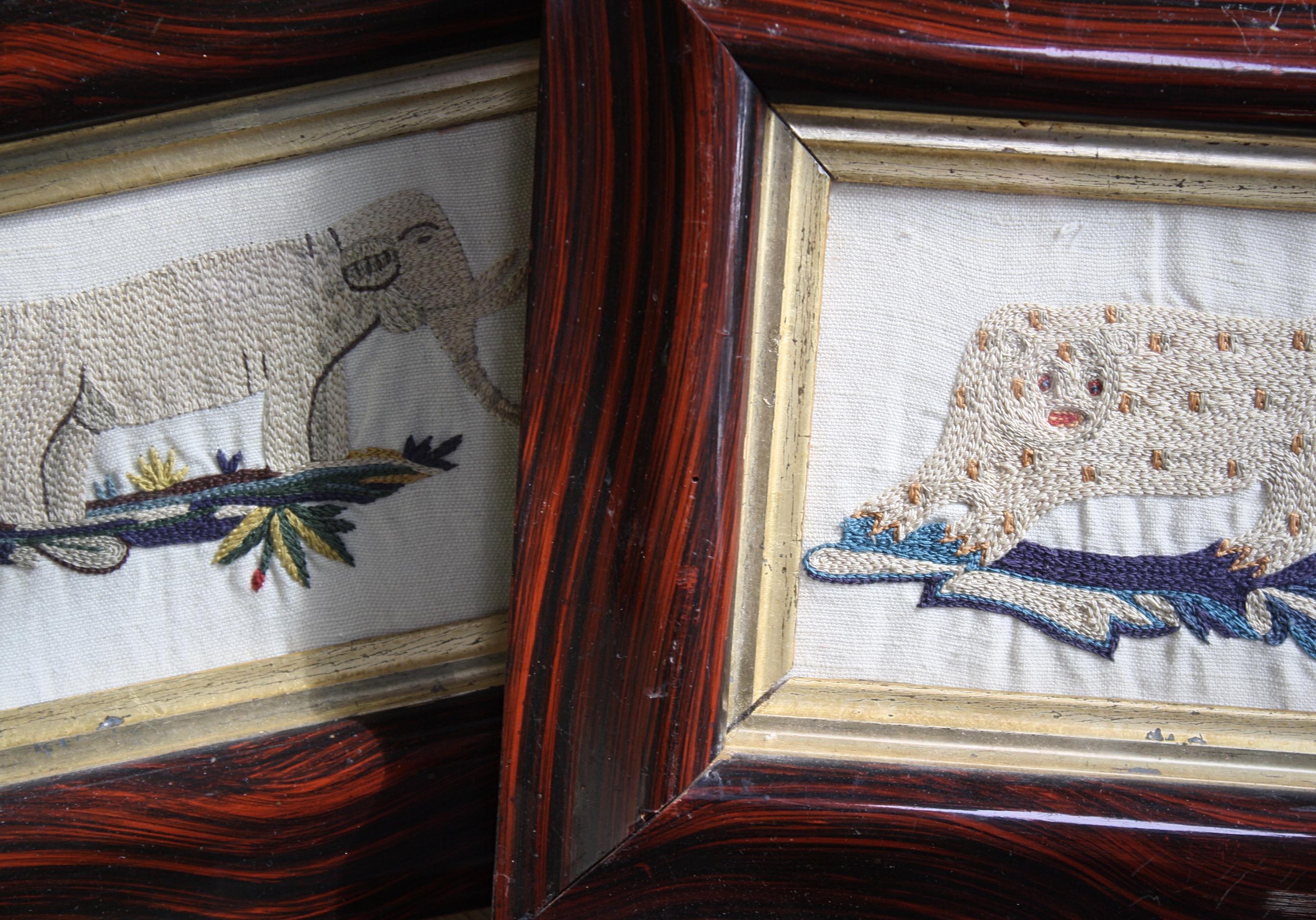 Pair of Early 19th Century Silk Embroidery Folk Art Animals Elephant & Leopard  In Good Condition For Sale In Lowestoft, GB