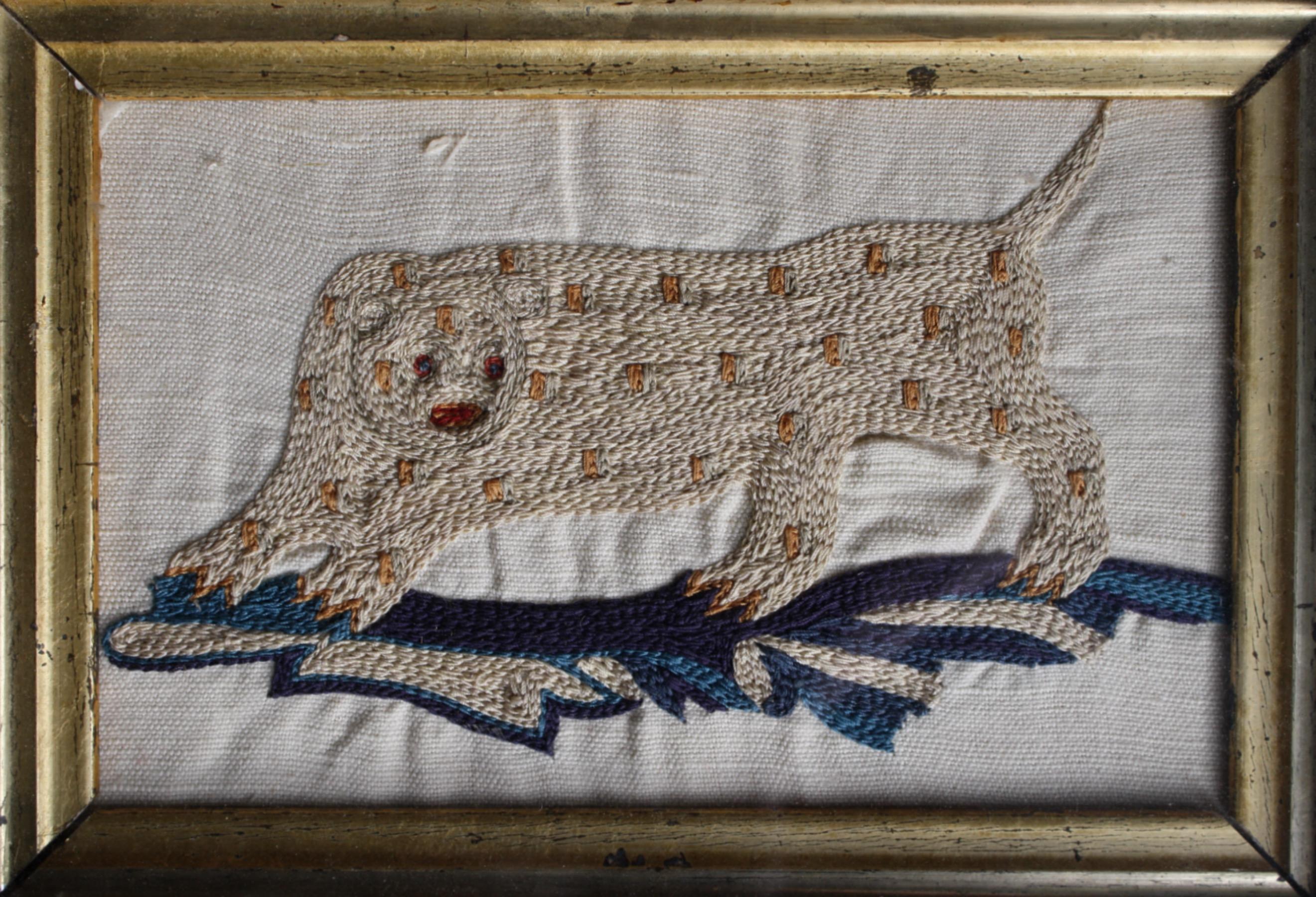 Pair of Early 19th Century Silk Embroidery Folk Art Animals Elephant & Leopard  For Sale 1