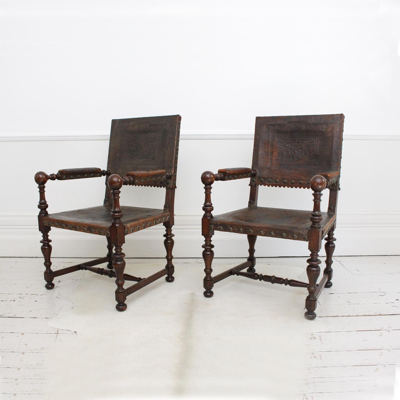 Pair of Early 19th Century Spanish Embossed Leather Armchairs 5