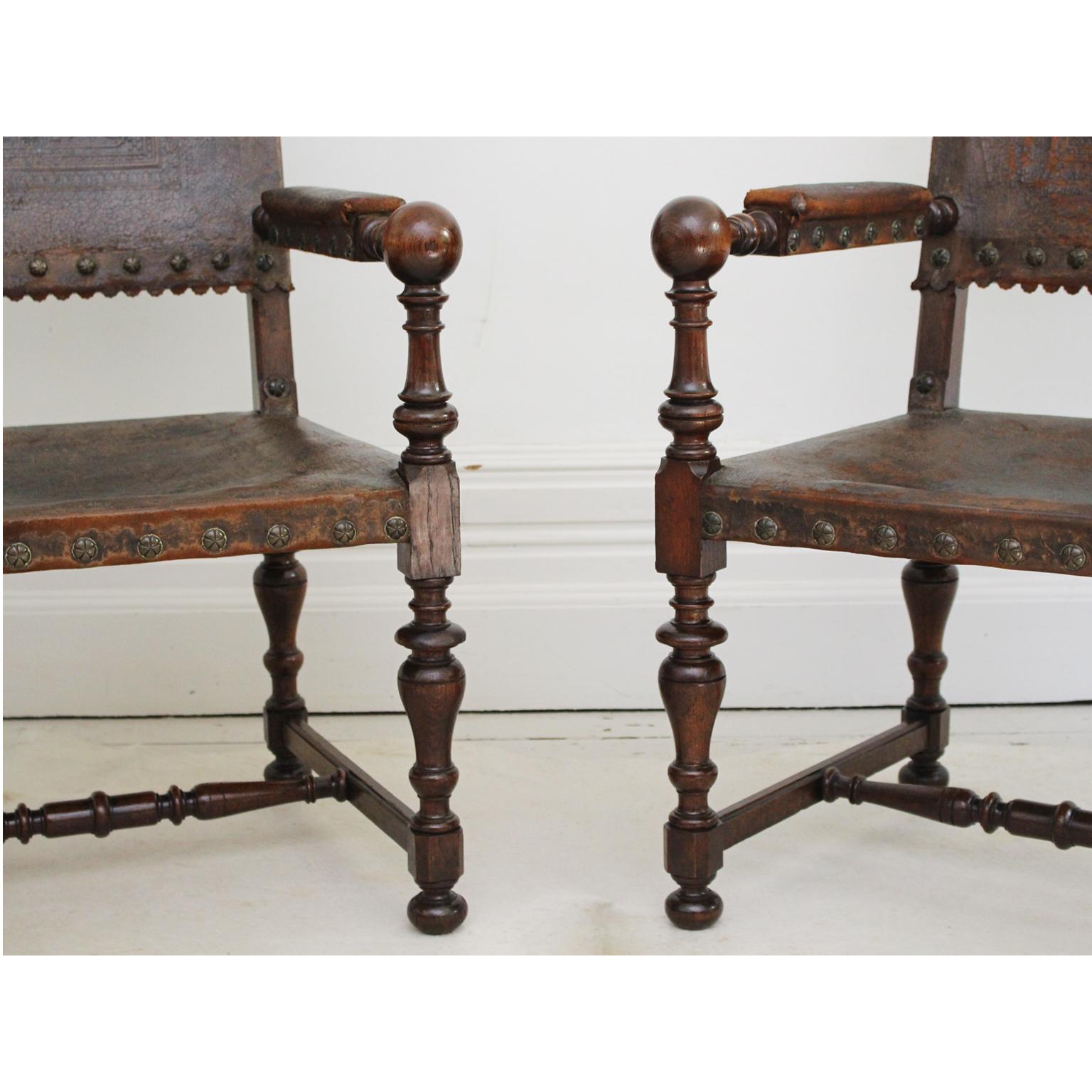 Pair of Early 19th Century Spanish Embossed Leather Armchairs 6