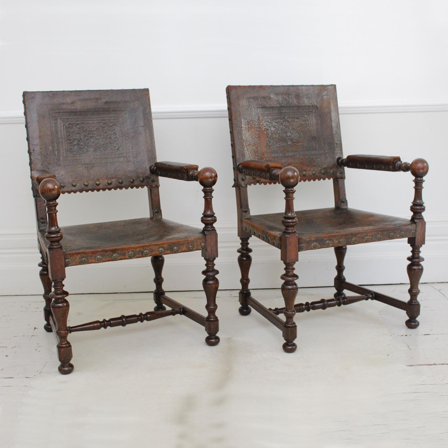 Pair of Early 19th Century Spanish Embossed Leather Armchairs 2