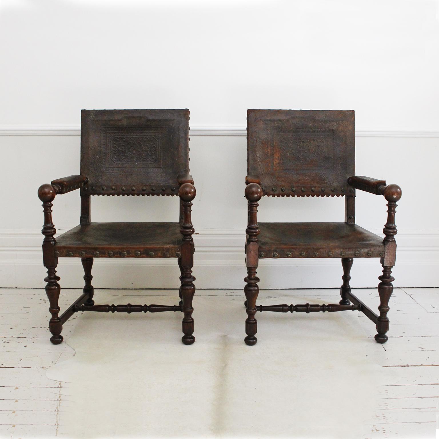 Pair of Early 19th Century Spanish Embossed Leather Armchairs 3