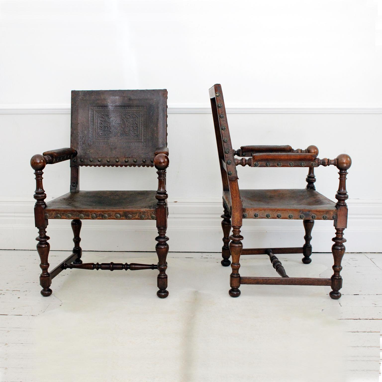 Pair of Early 19th Century Spanish Embossed Leather Armchairs 4